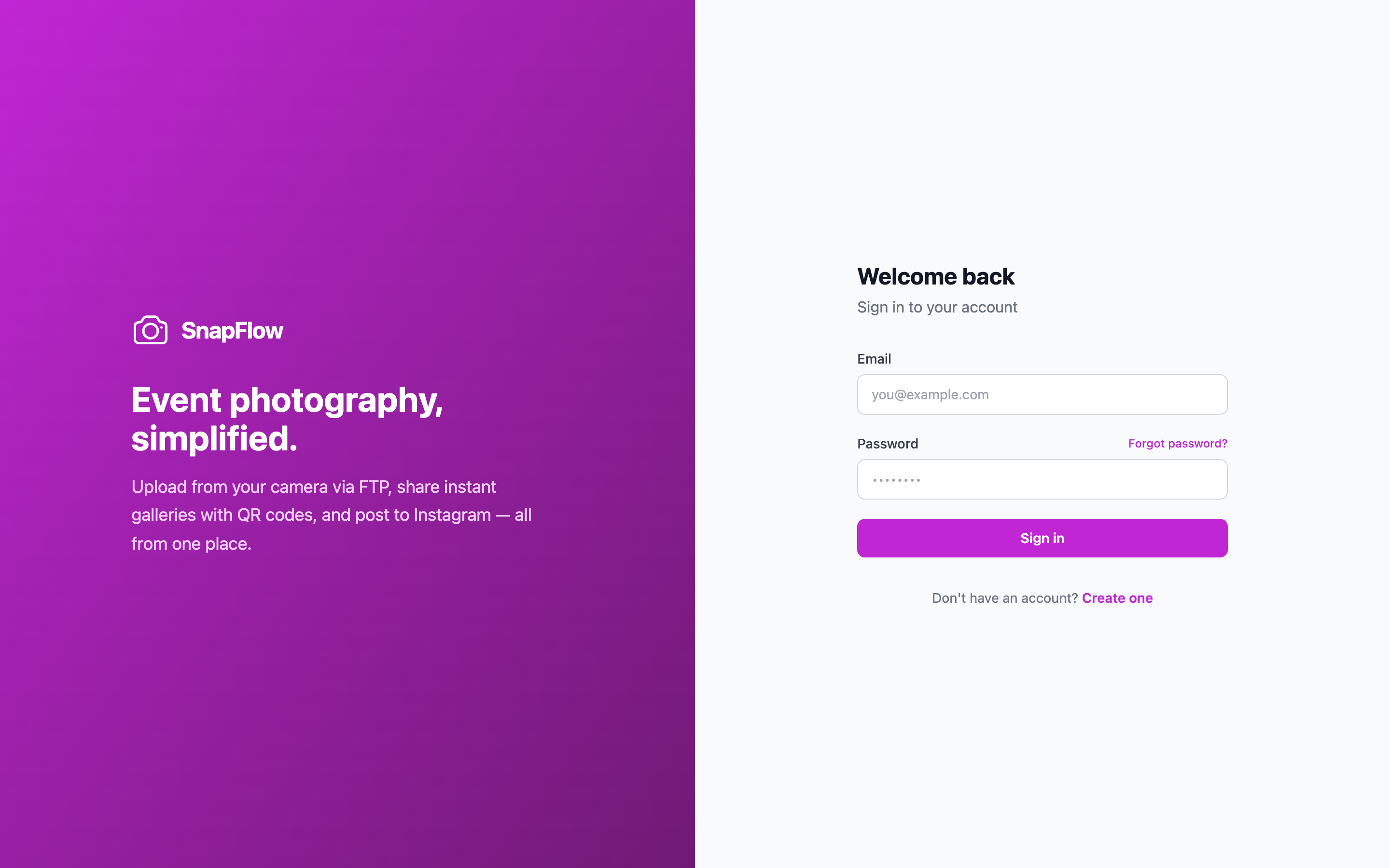 The SnapFlow login screen