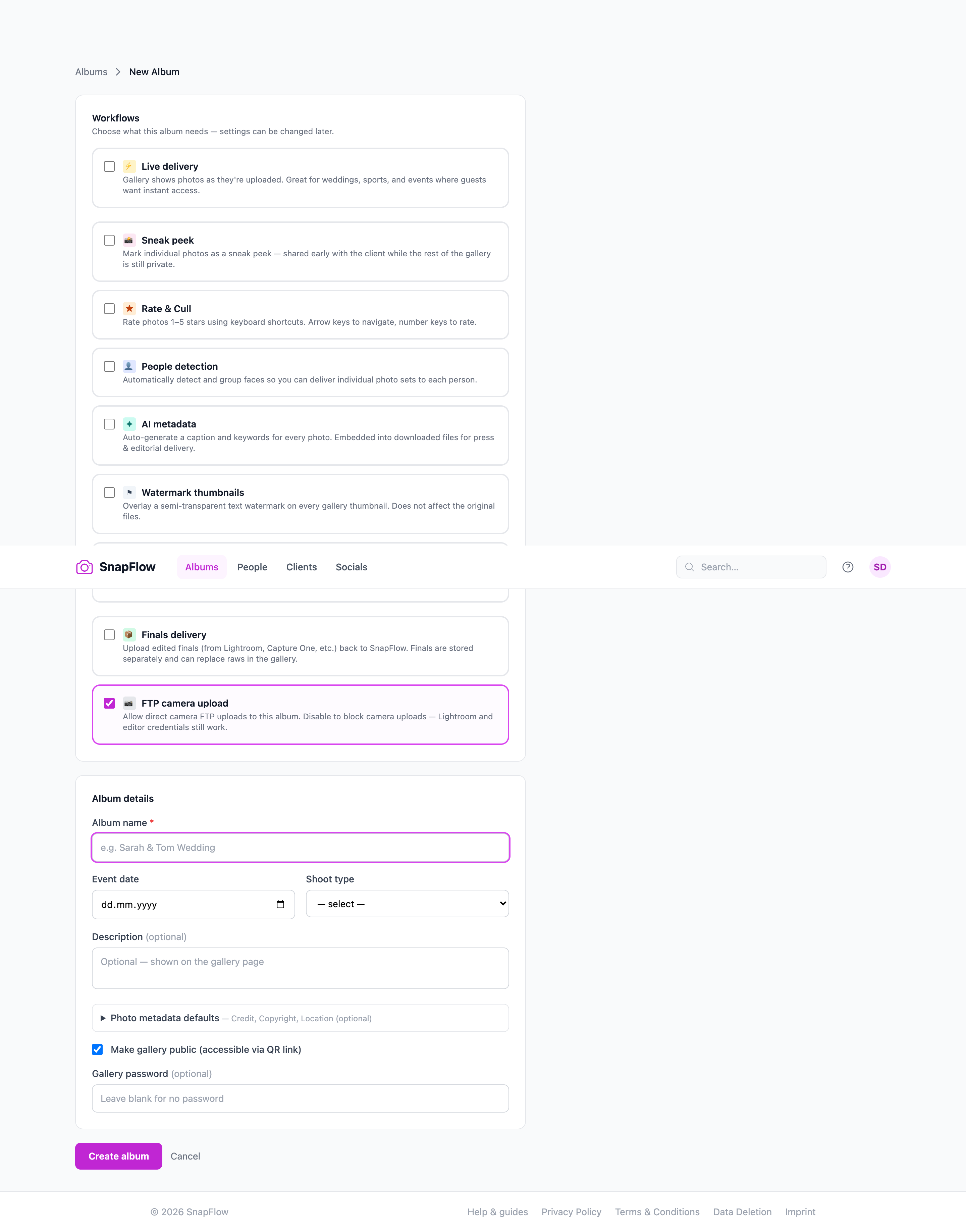 The create-album form