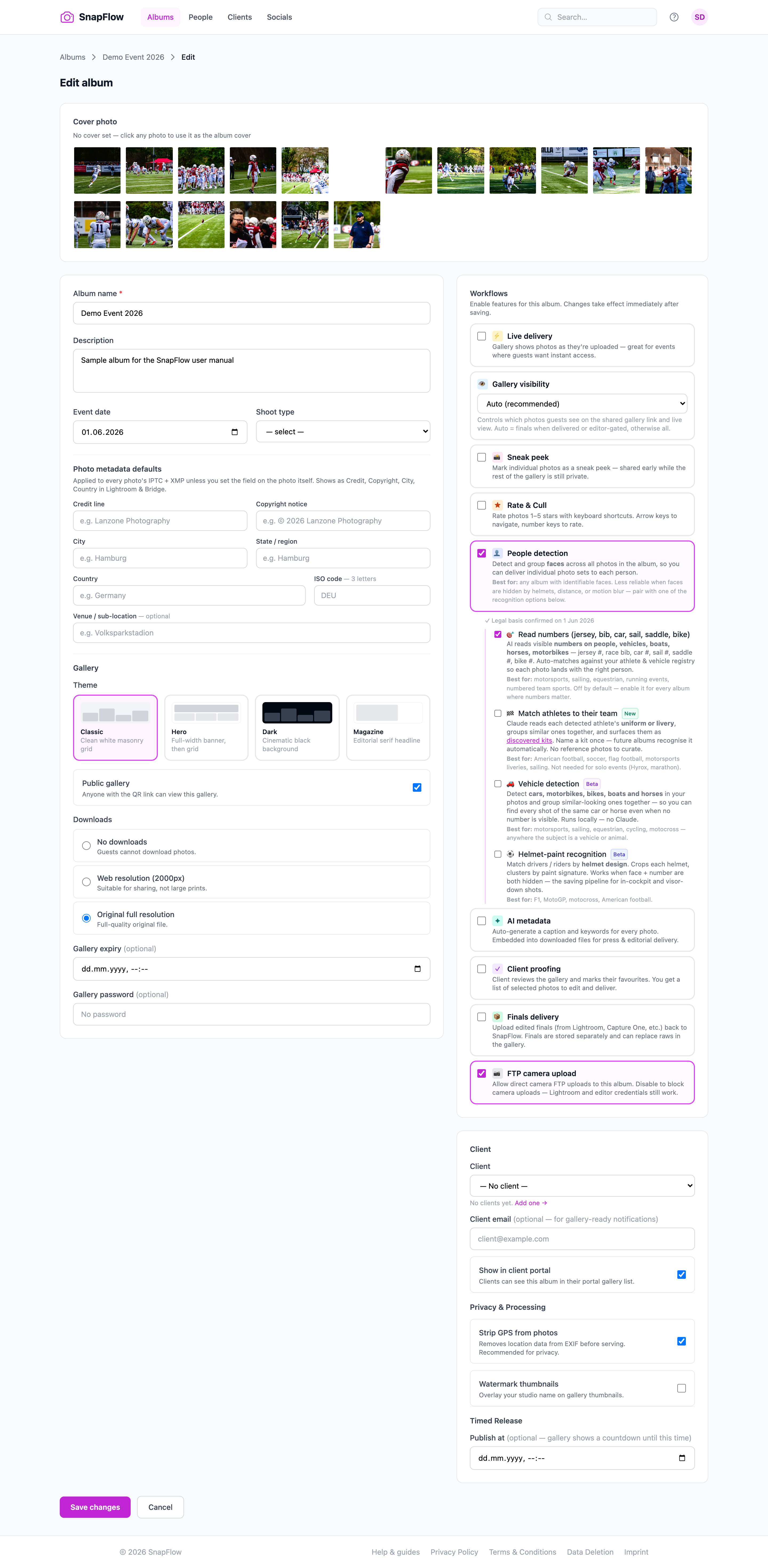 The Workflows panel on the album Edit page — Client proofing and Watermarked preview