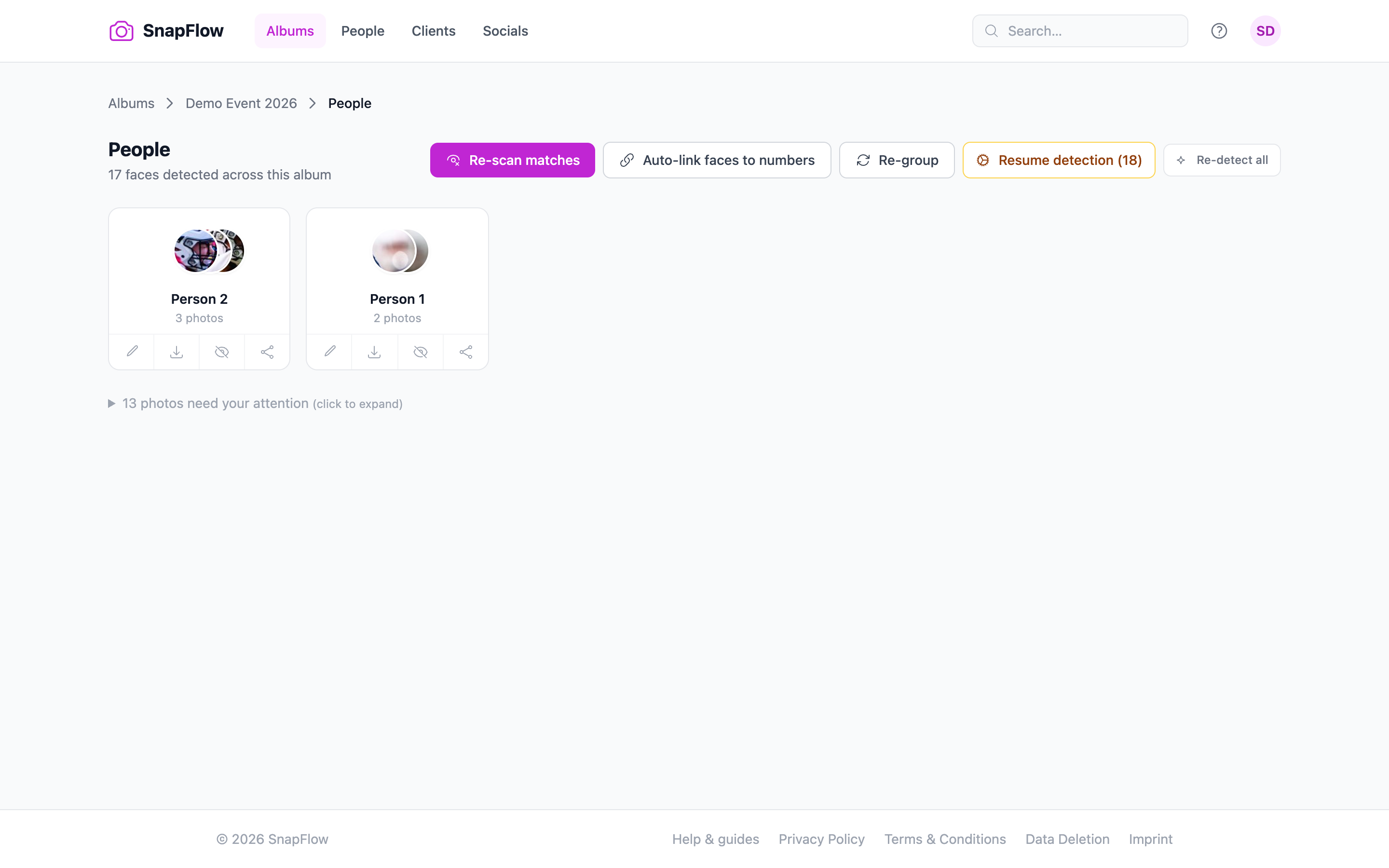 The People page with detected face clusters