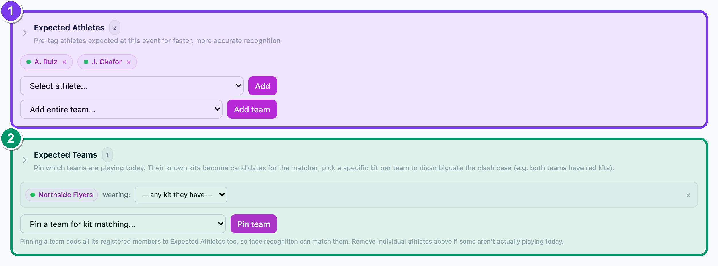 The Expected Athletes and Expected Teams panels expanded on the People page