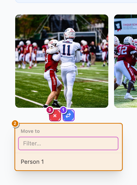 Reassigning a single photo with the per-photo Move-to dropdown