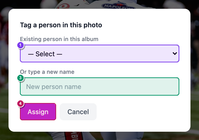 The Tag a person in this photo panel, showing the three ways to assign the box