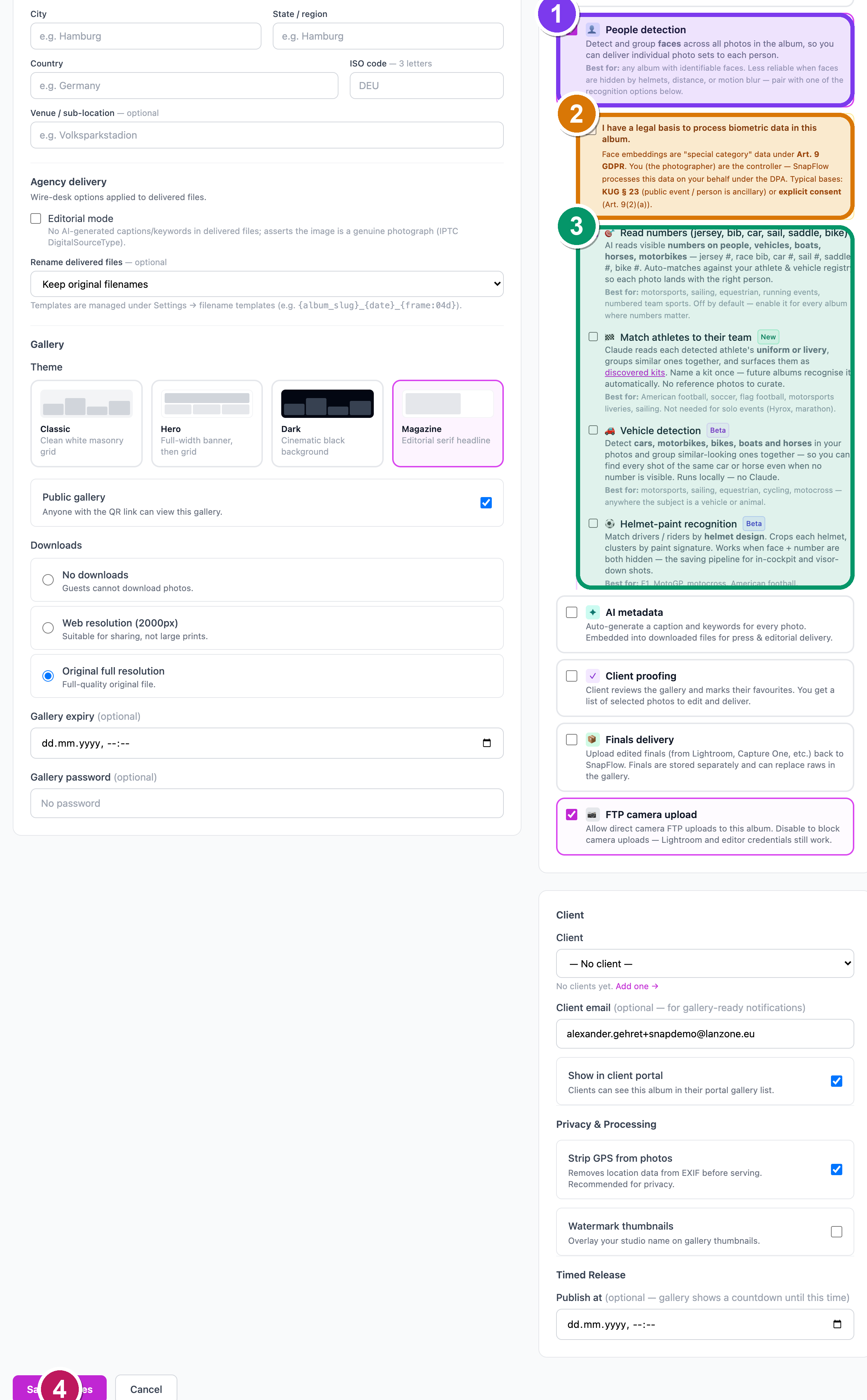 The Workflows card on the Edit album page, People detection ticked, with the amber legal-basis box showing