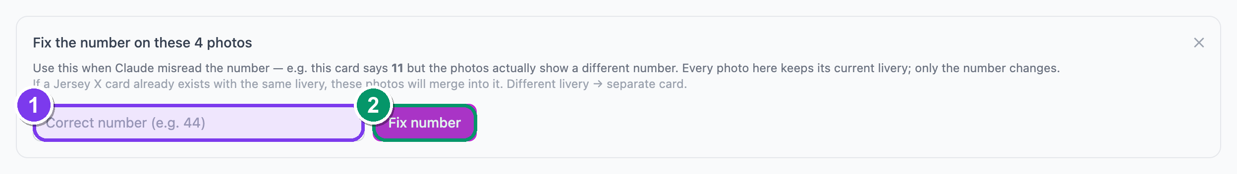 The Fix-number panel — type the correct number to re-match every photo on the card