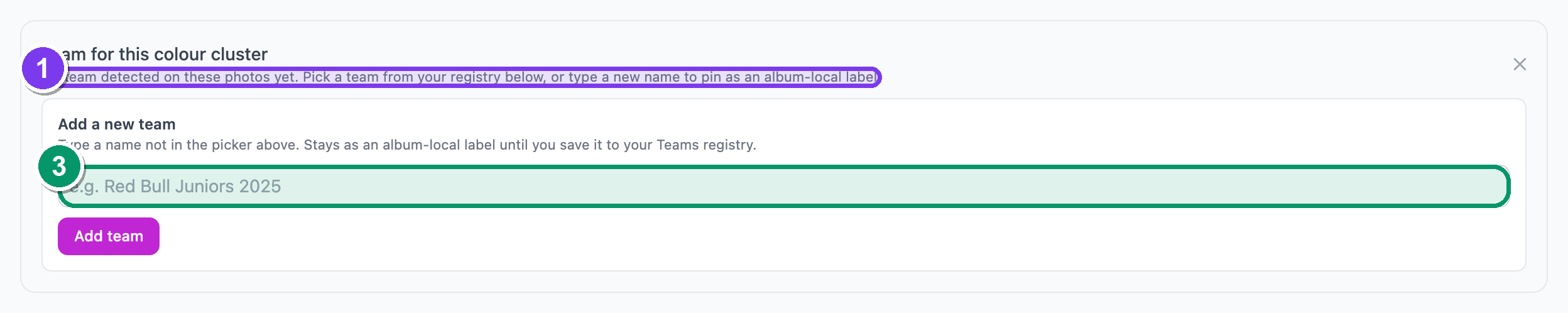 The Set-team panel — pin the number's team from your registry, or add a new one