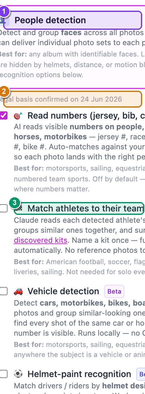 The Workflows card on the Edit album page, with People detection ticked and the Match athletes to their team sub-option highlighted