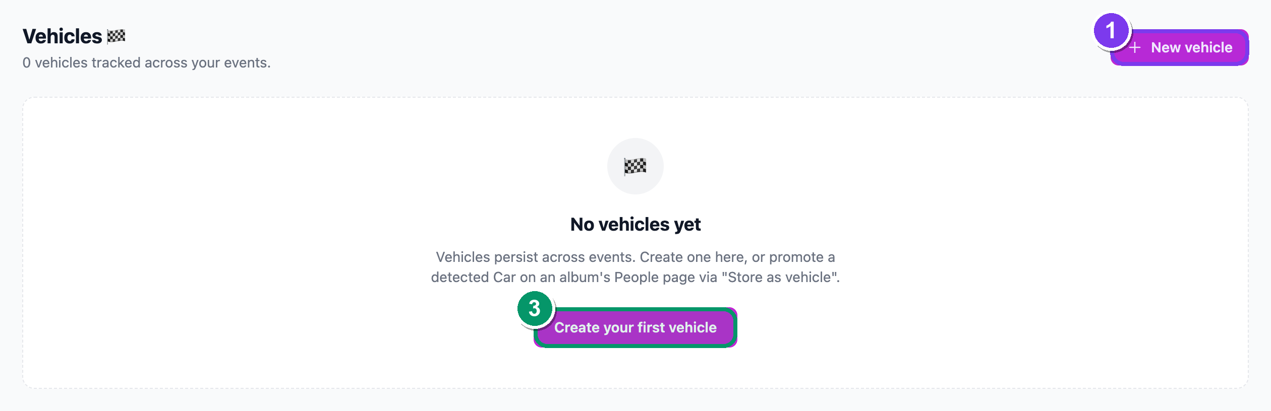 The Vehicles registry grid, with the New vehicle button and vehicle cards