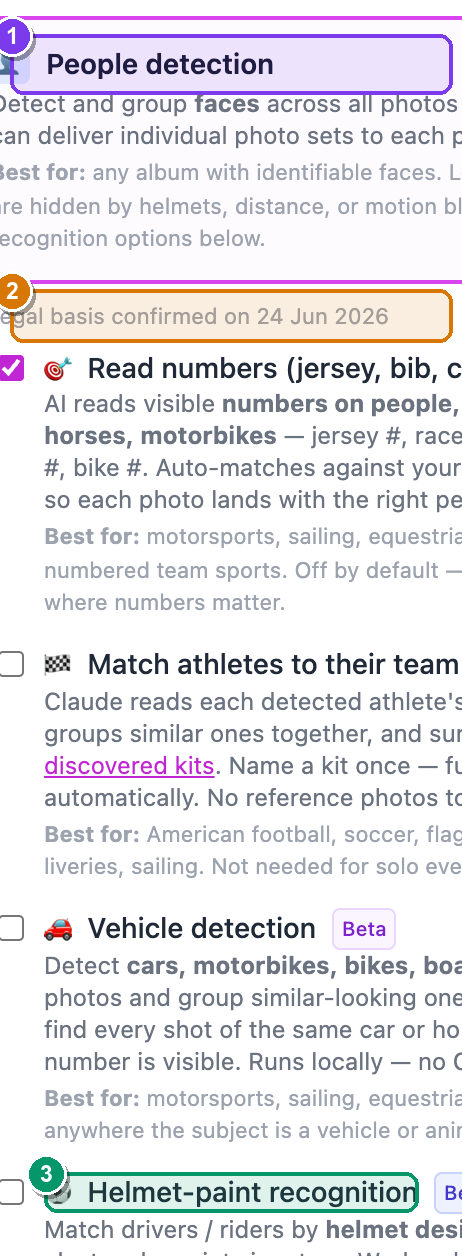 The album Edit page Workflows card, with People detection ticked and the four nested sub-options revealed, the last one being Helmet-paint recognition