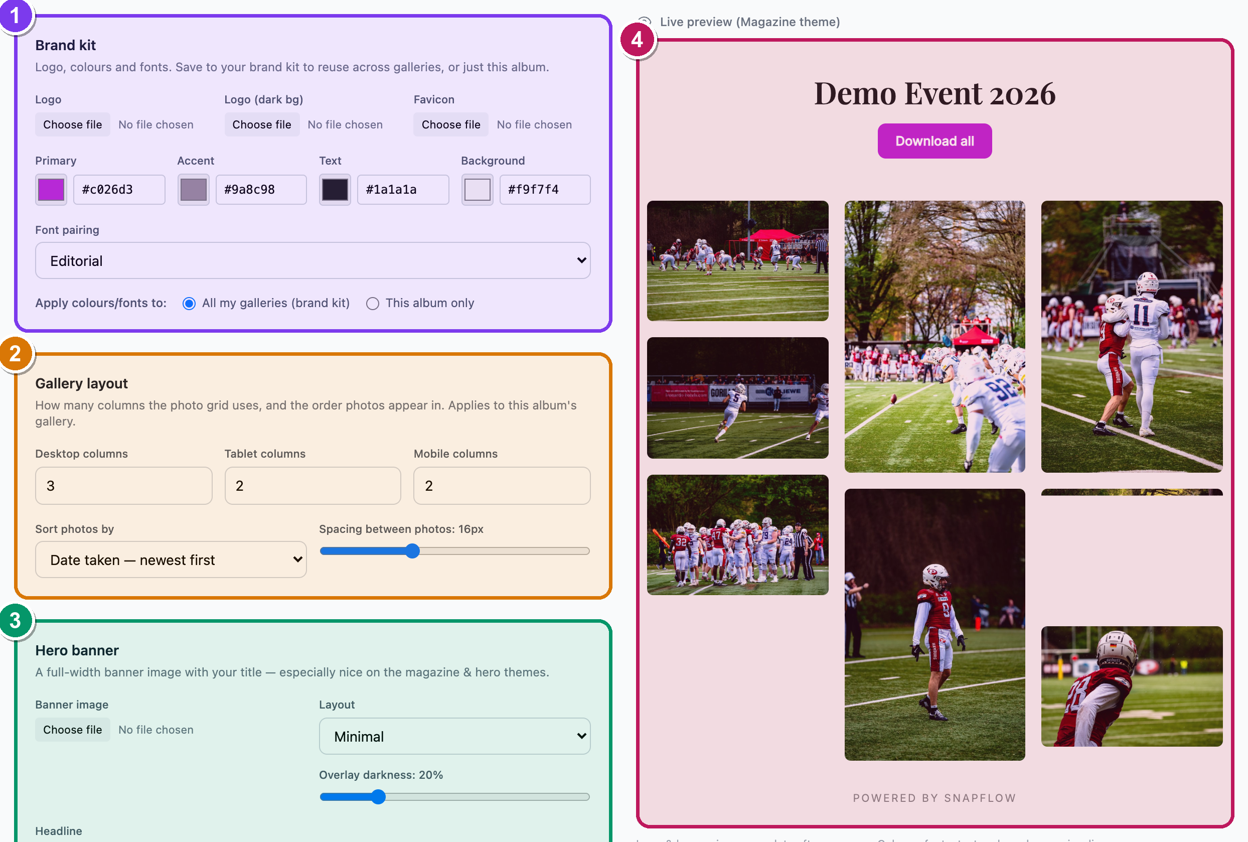 The Brand Studio editor with controls on the left and a live gallery preview on the right