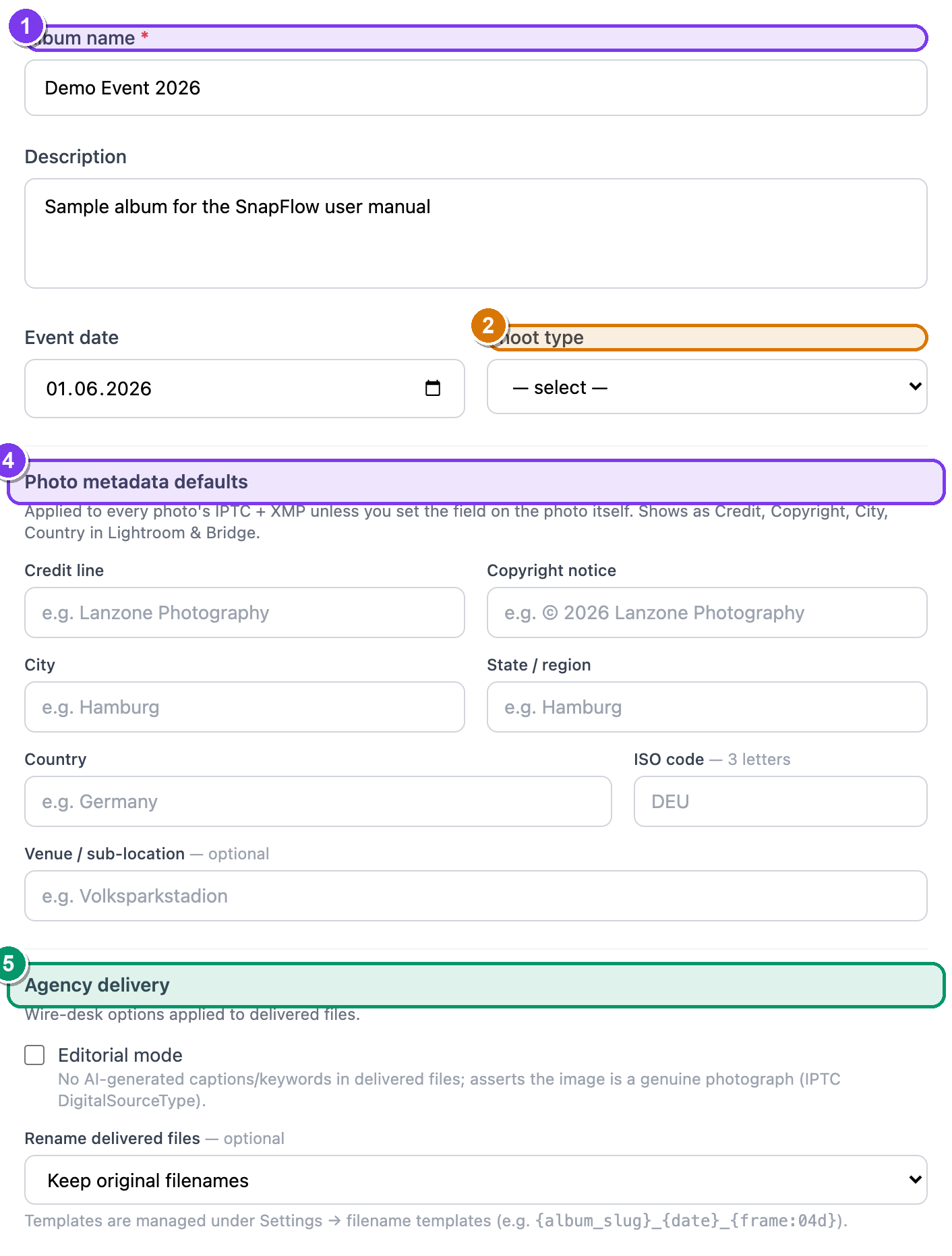 The Edit album page, left column