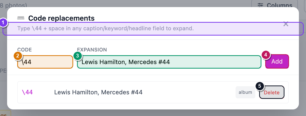The Code replacements modal