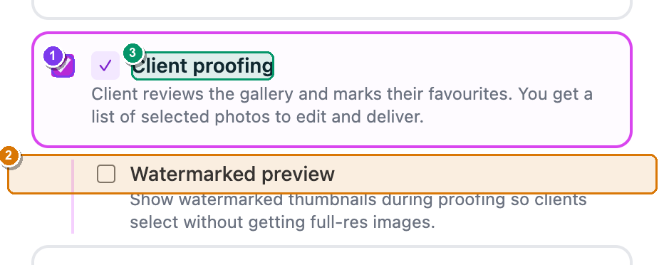 The Workflows card on the Edit album page, with Client proofing and the indented Watermarked preview option
