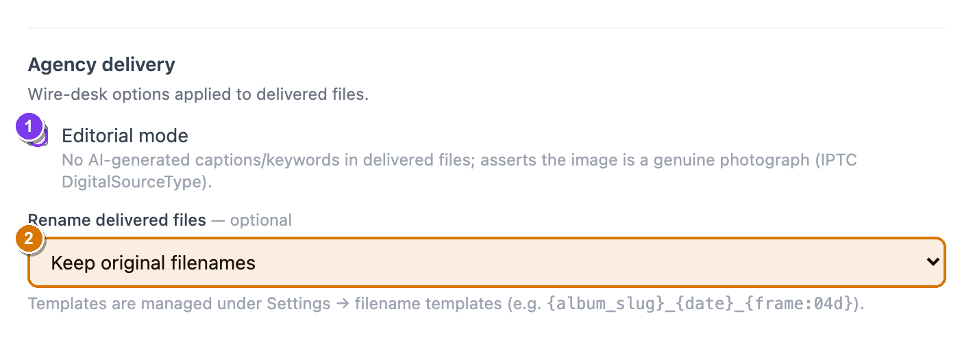 The Agency delivery card on the Edit album page, with Editorial mode and a Rename delivered files dropdown