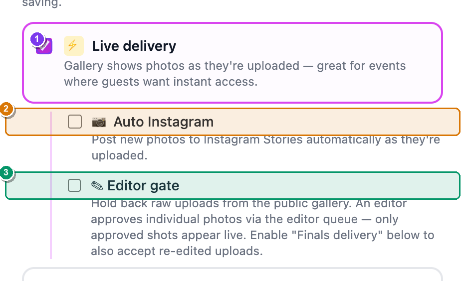The Workflows card with the Live delivery checkbox ticked, showing its nested Auto Instagram and Editor gate options