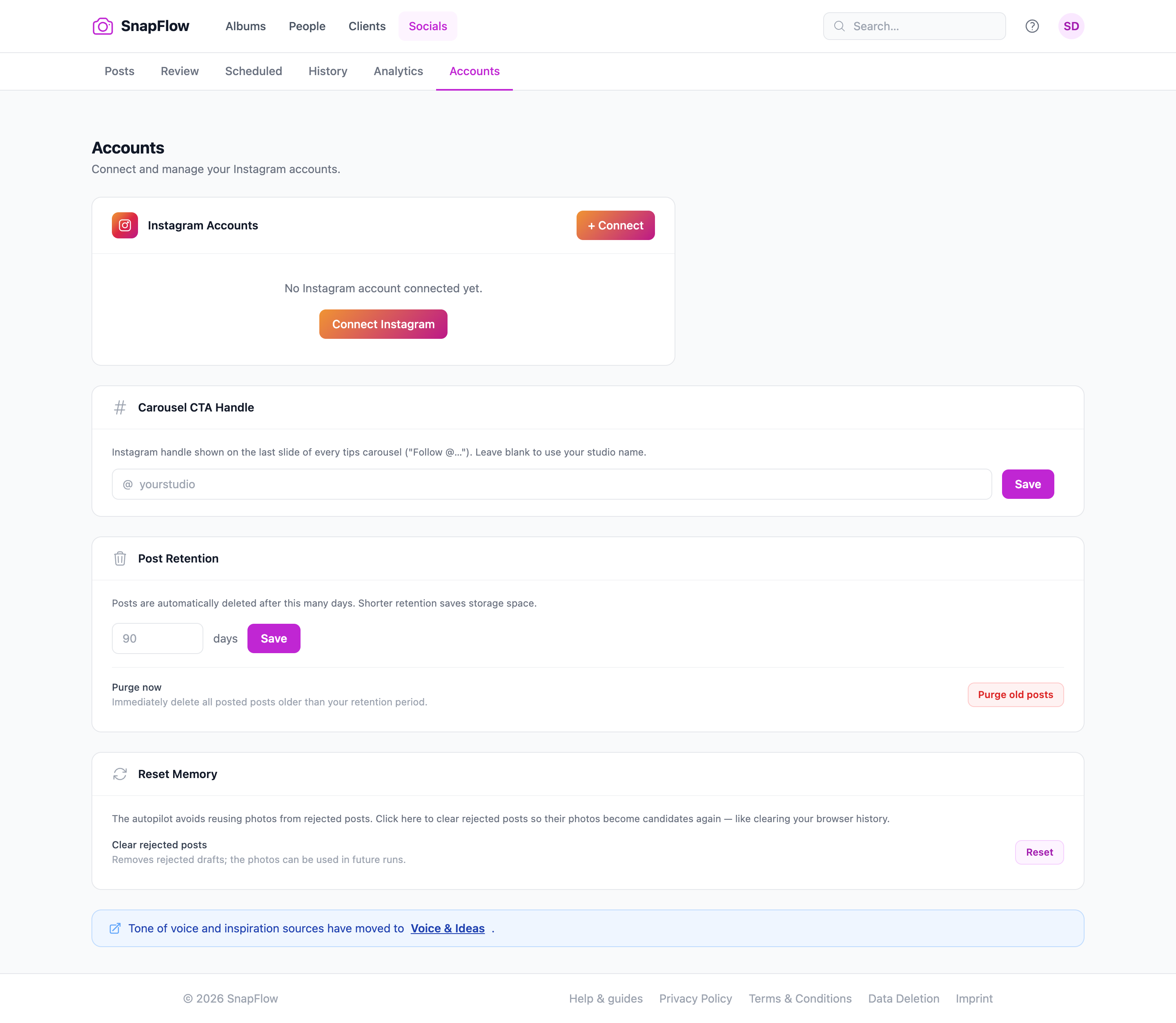 Socials → Accounts — Connect Instagram