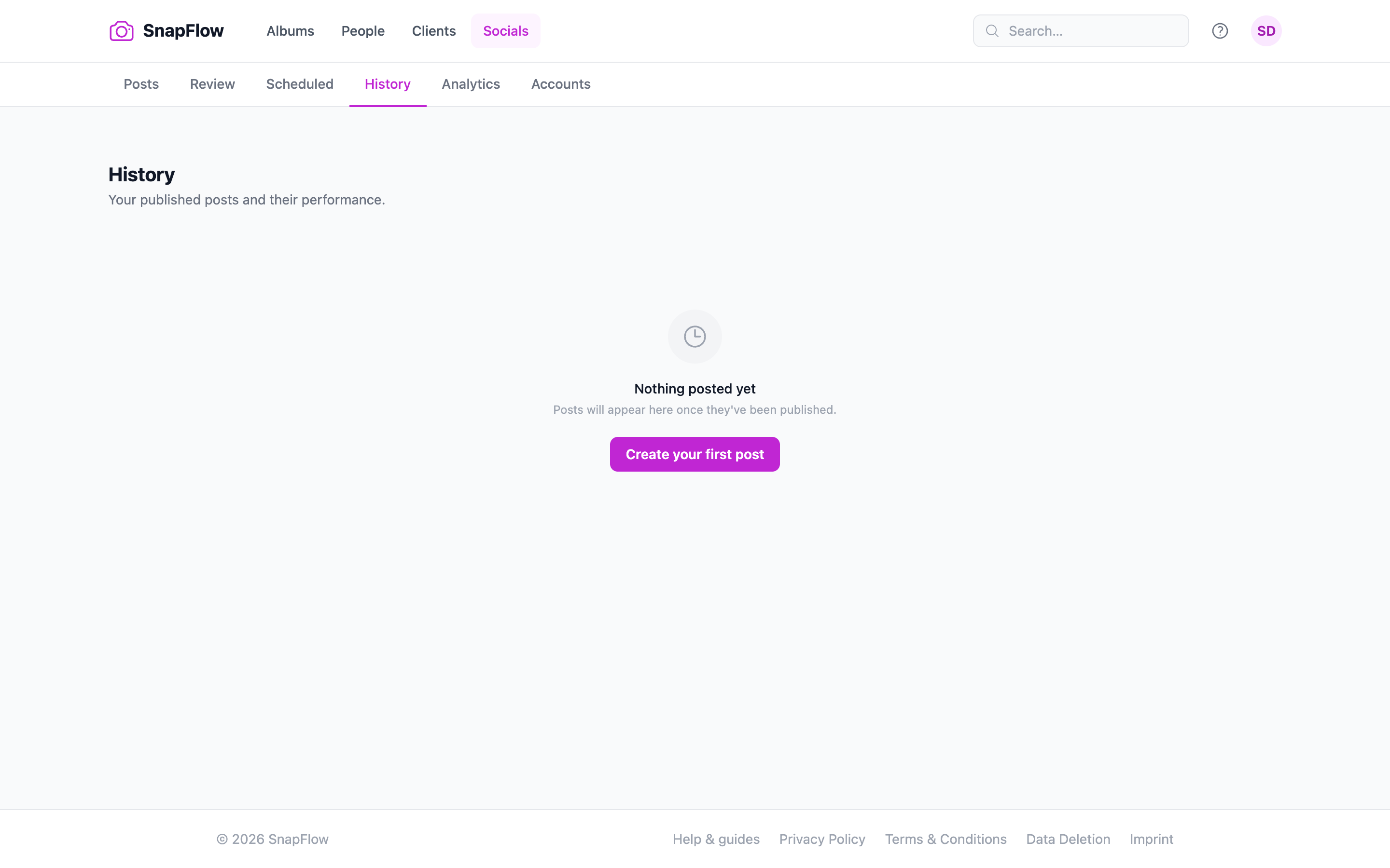 Socials → History — posted/failed with analytics