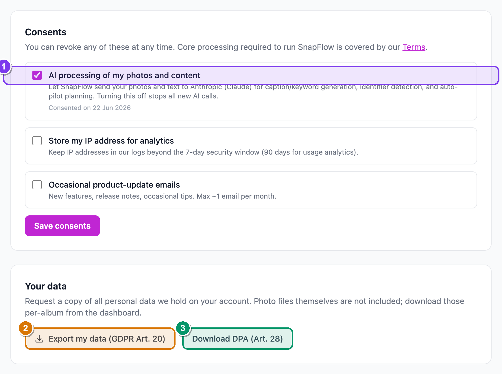 The Data & privacy tab with the three consent switches and export buttons