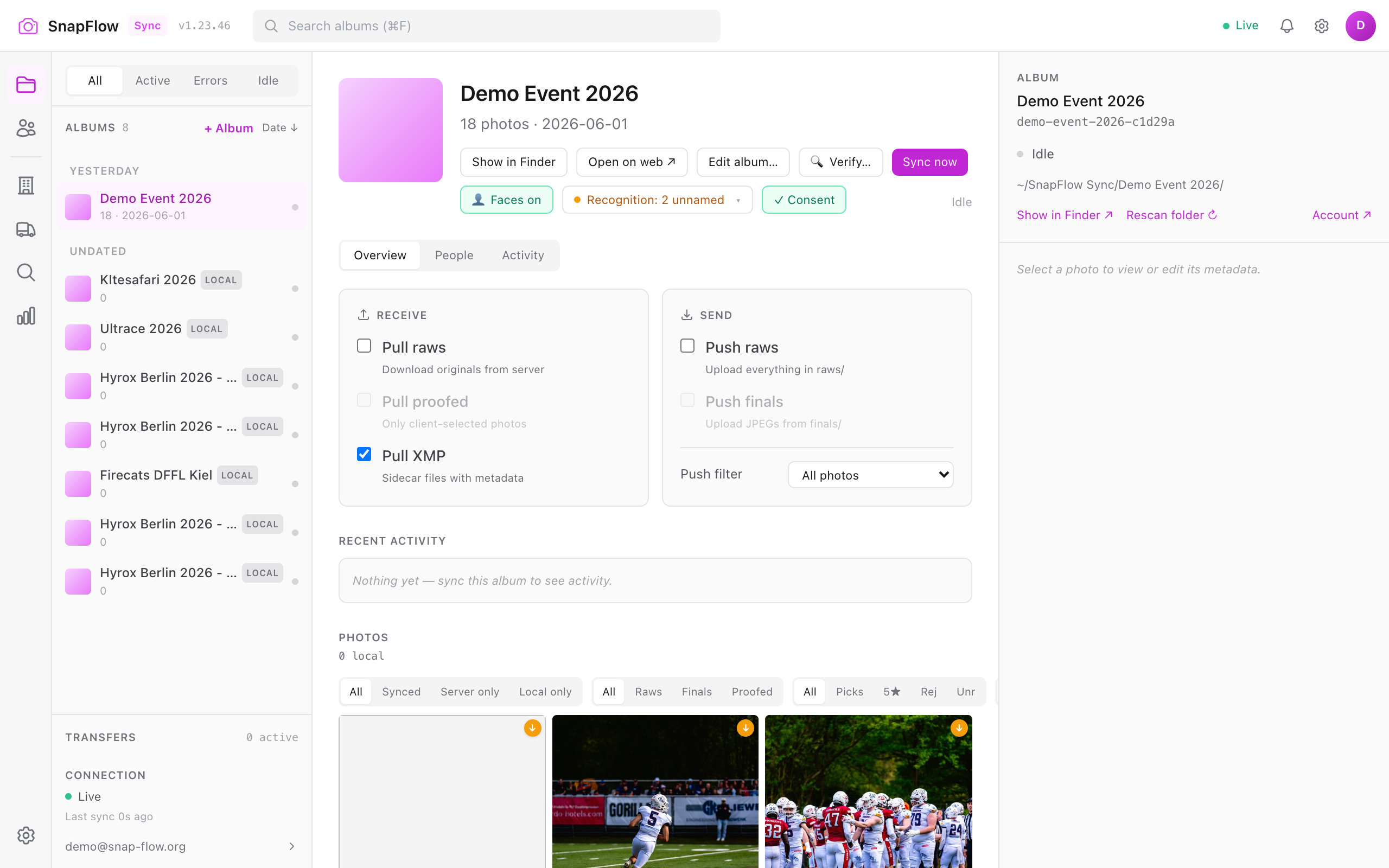 An album's sync card — Receive and Send toggles