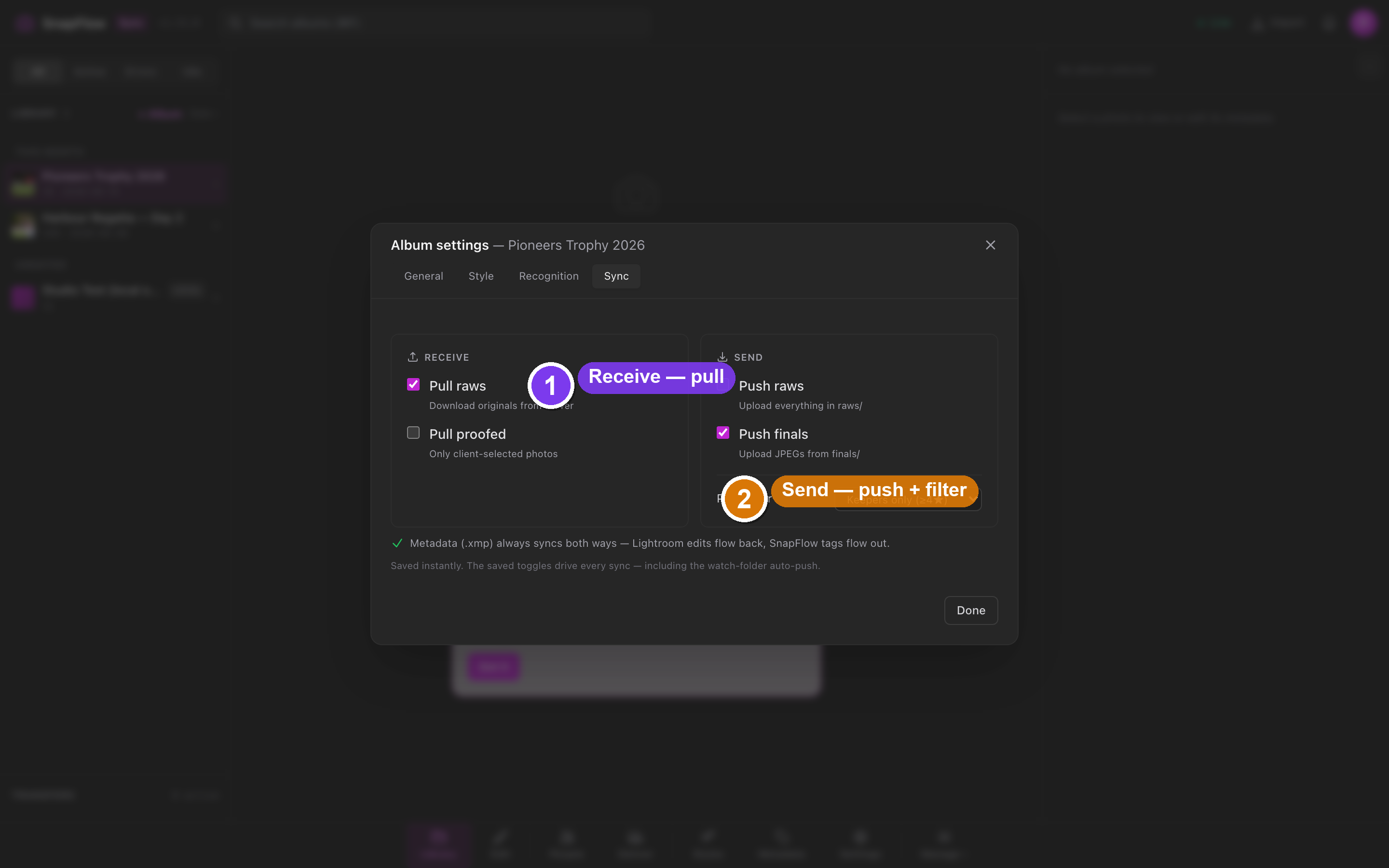 The Album settings sheet open on the Sync tab, with the Receive and Send cards
