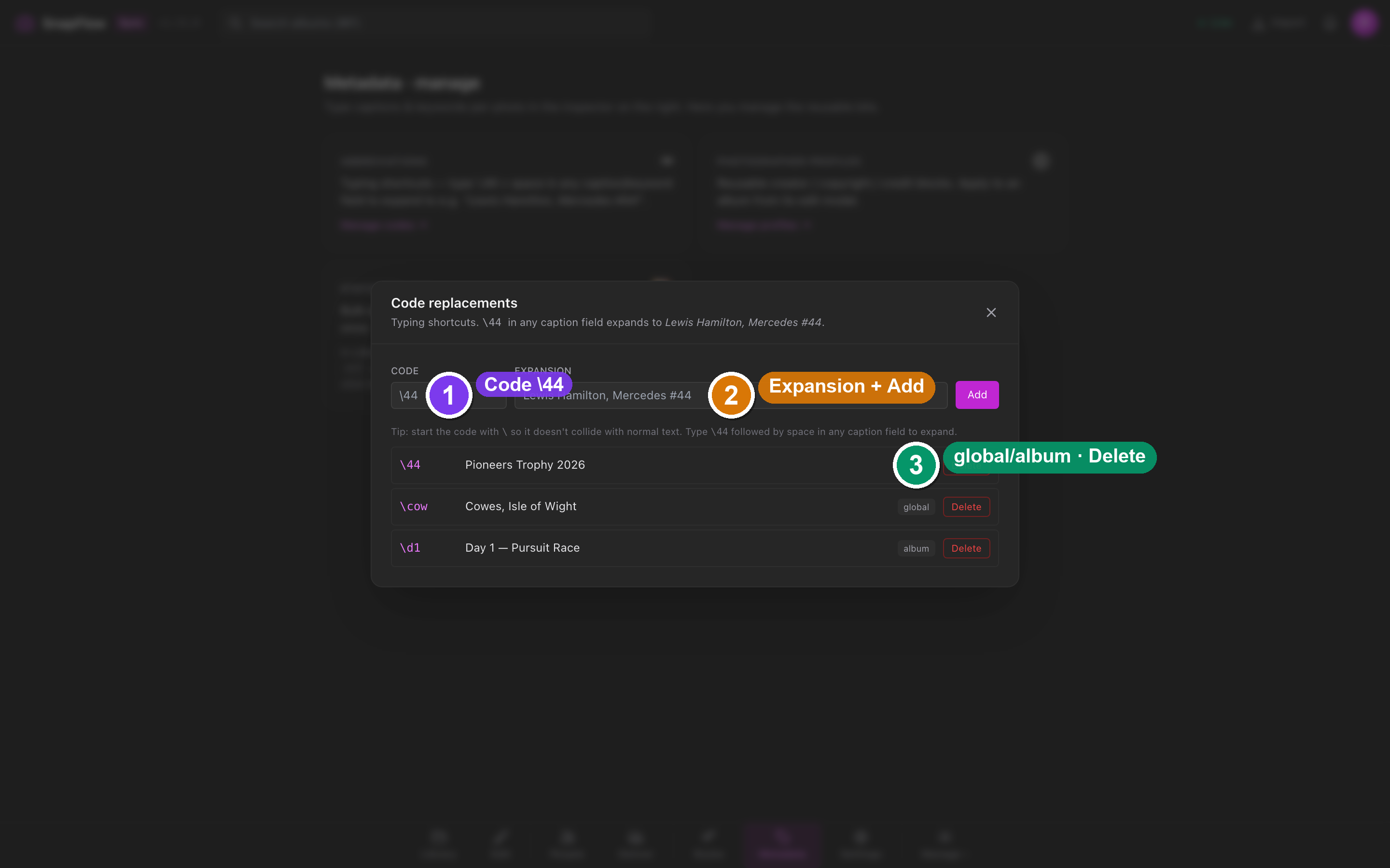The Code replacements modal with code and expansion fields