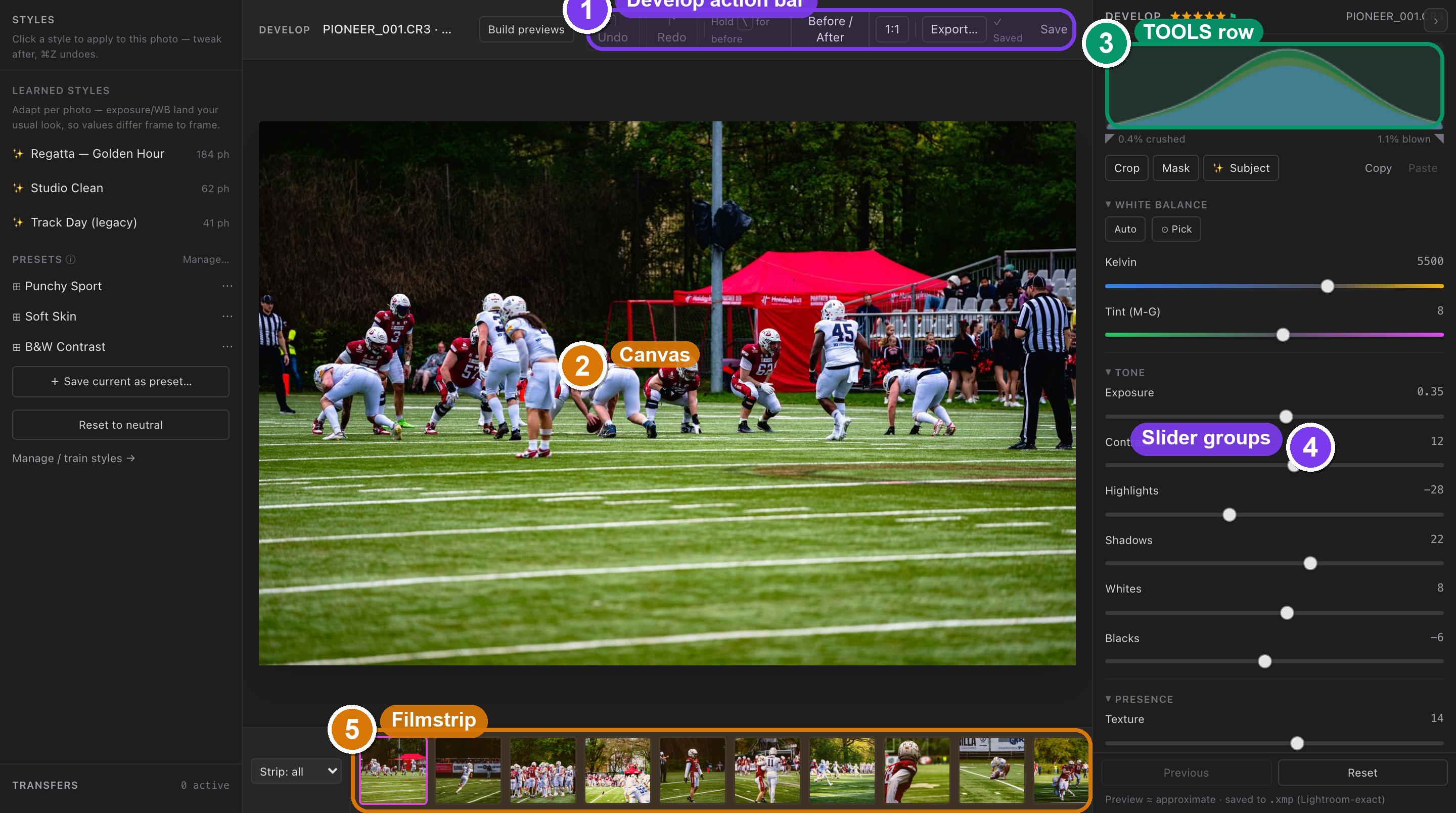 The Edit stage with a RAW open: action bar at the top, the photo on the canvas, the filmstrip along the bottom, and the develop inspector on the right.