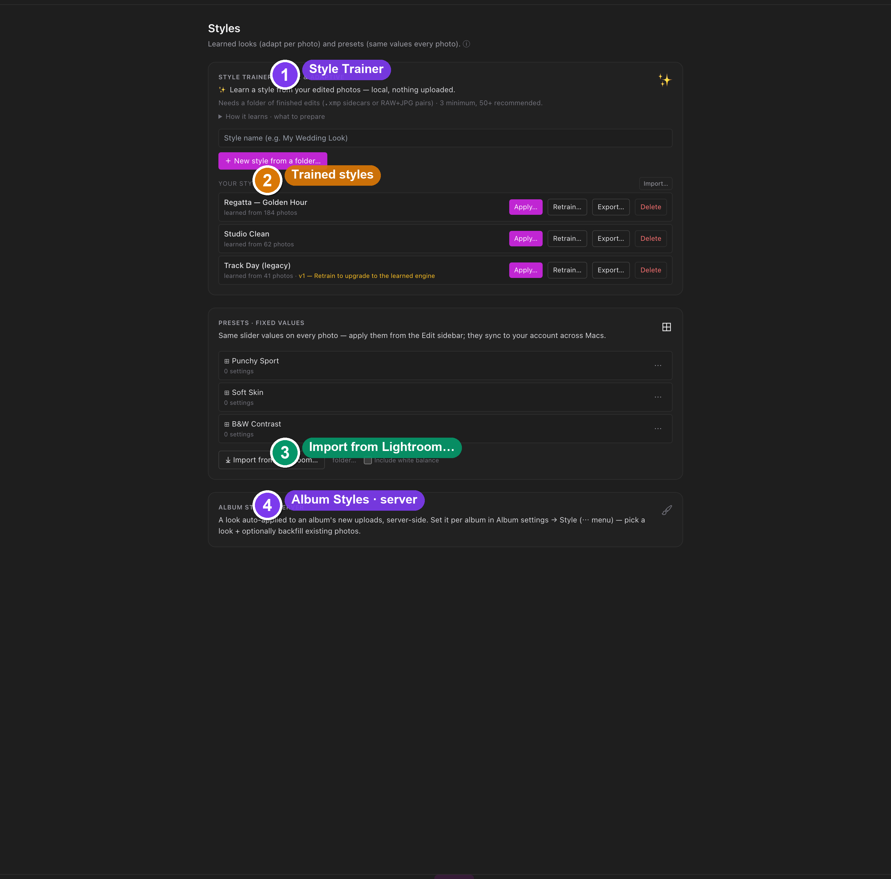 The Styles stage with the Style Trainer, Presets (with Import from Lightroom) and Album Styles cards.