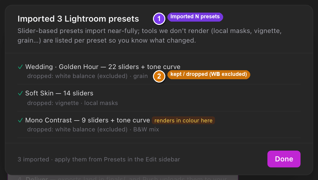 The Import from Lightroom result dialog with the per-preset kept/dropped report.