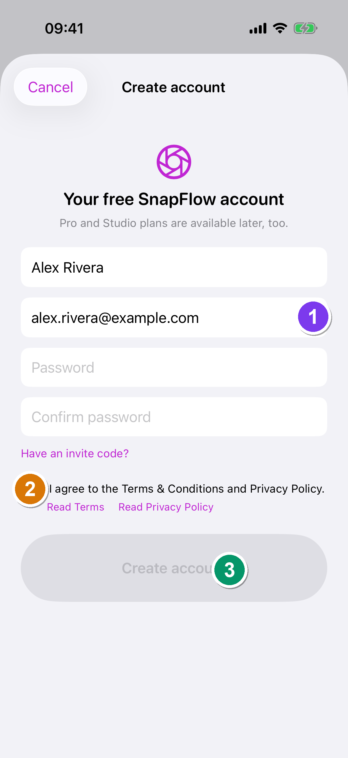 The Create account sheet