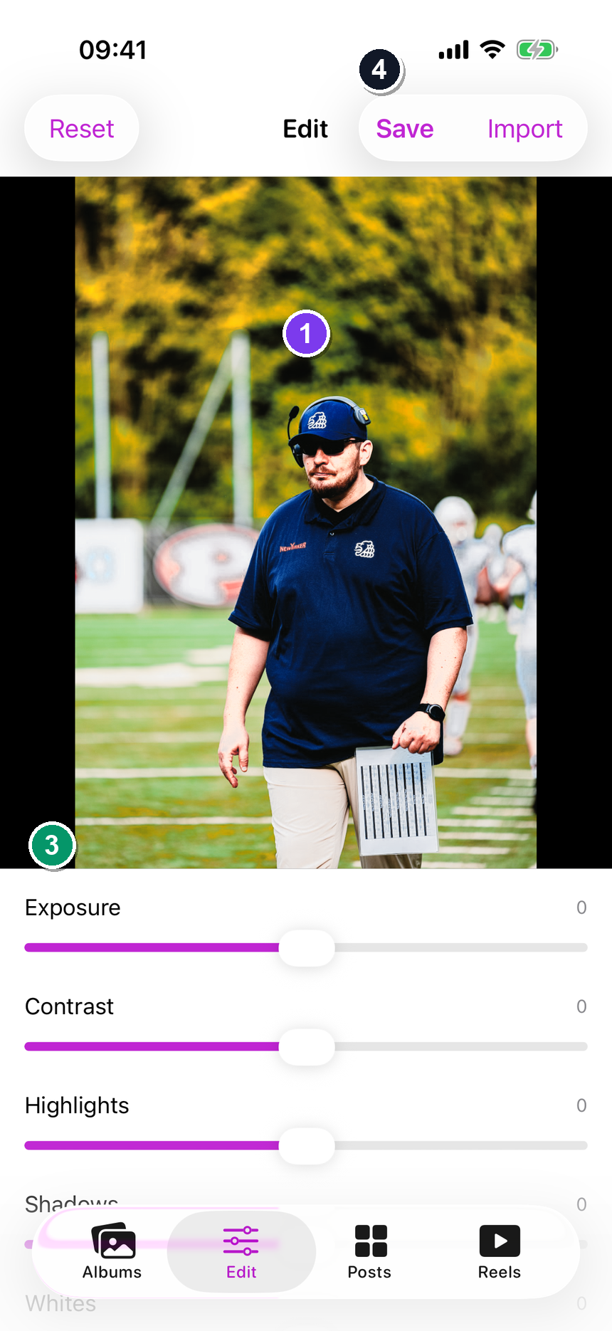 The Edit tab with a RAW photo loaded and the develop sliders below