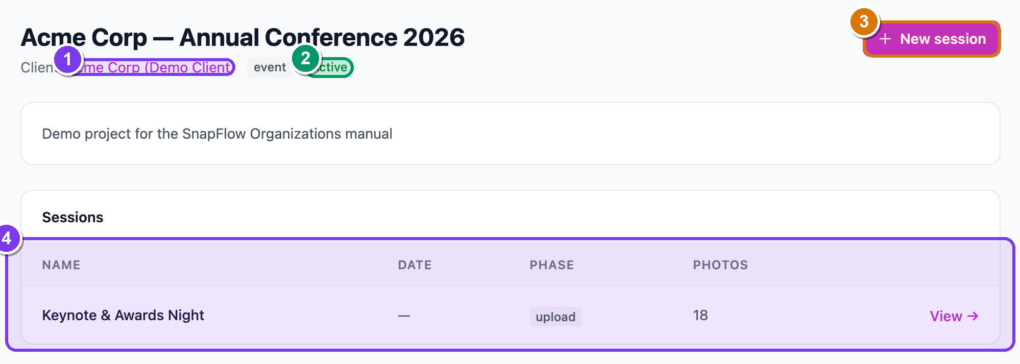 A project's detail page with the client link, status pill, New session button, and the Sessions table