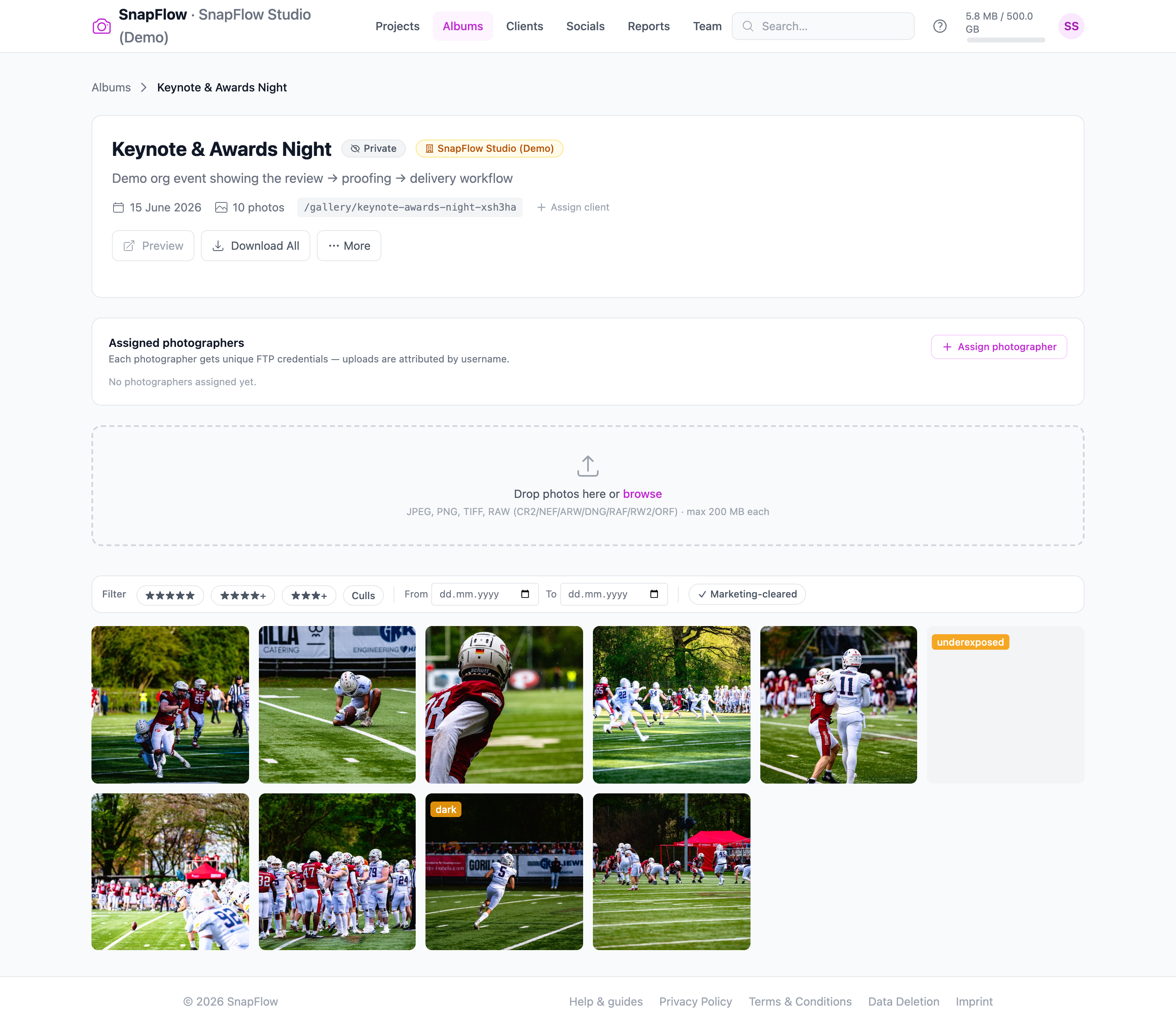 The Marketing-cleared filter on an event's photo grid