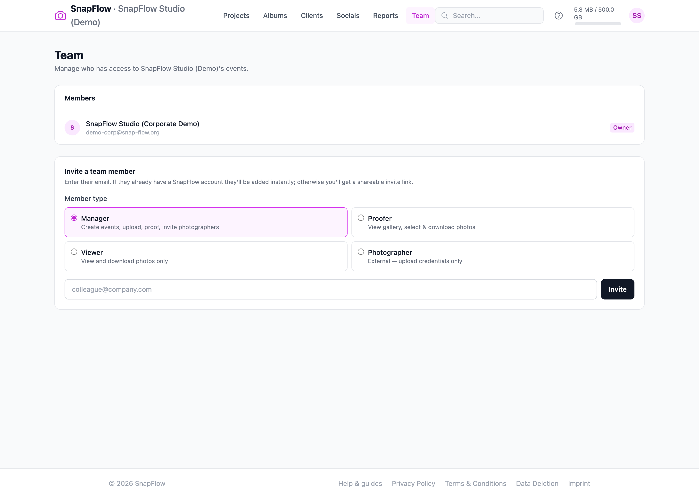 The Team page — members, roles and invite