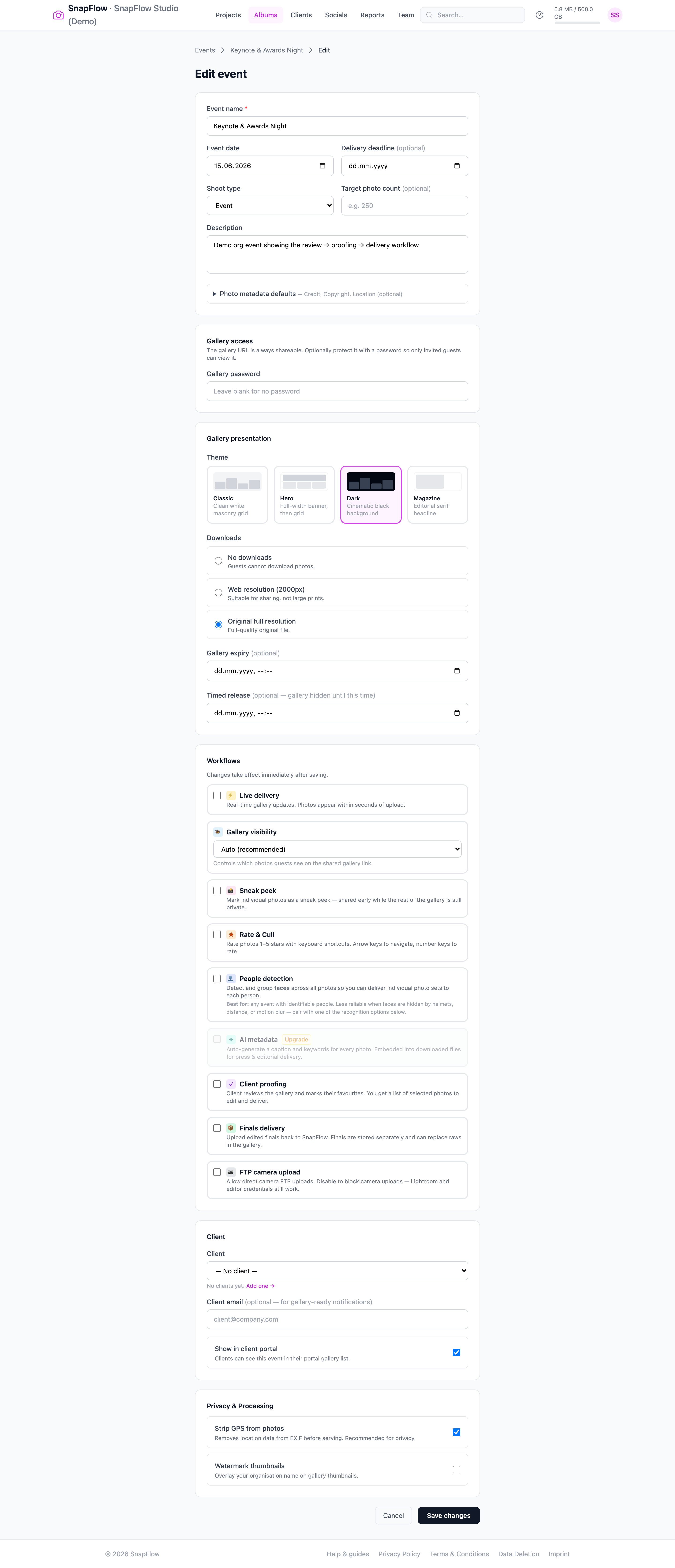 The event edit page — internal review, proofing and finals toggles