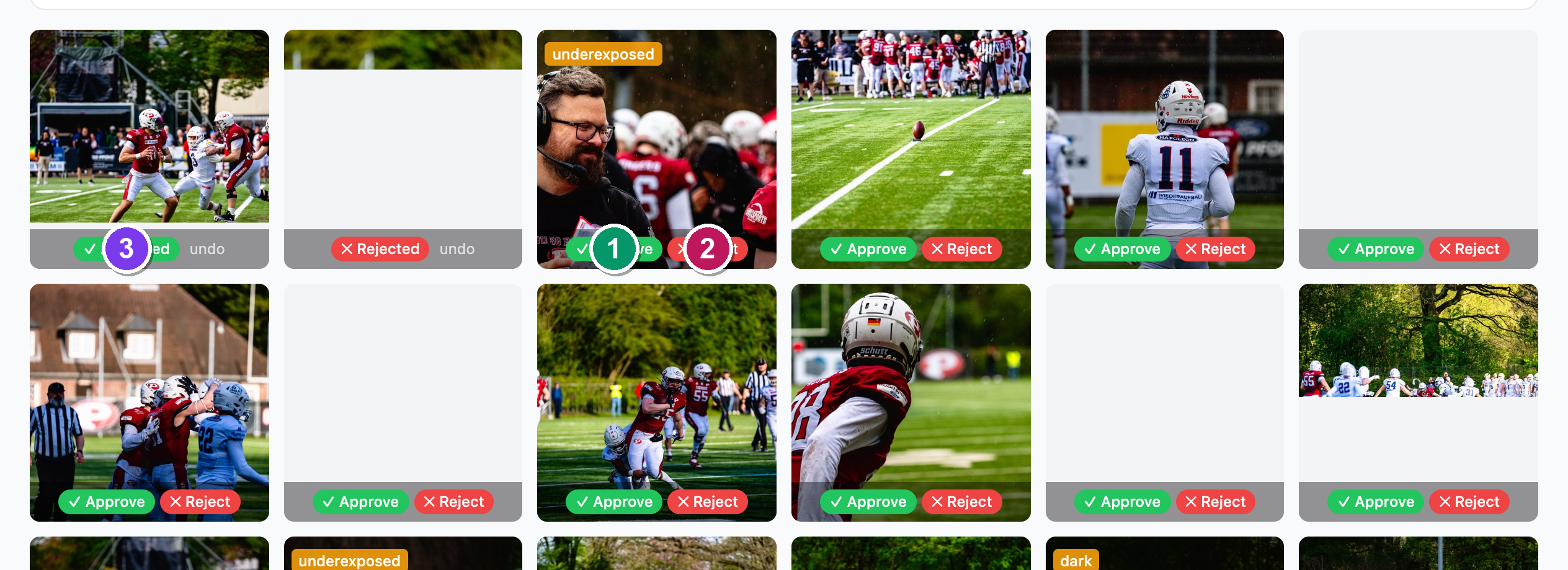 A photo grid in the review phase — green Approve and red Reject buttons on each card, with an Approved badge and undo link on a chosen photo