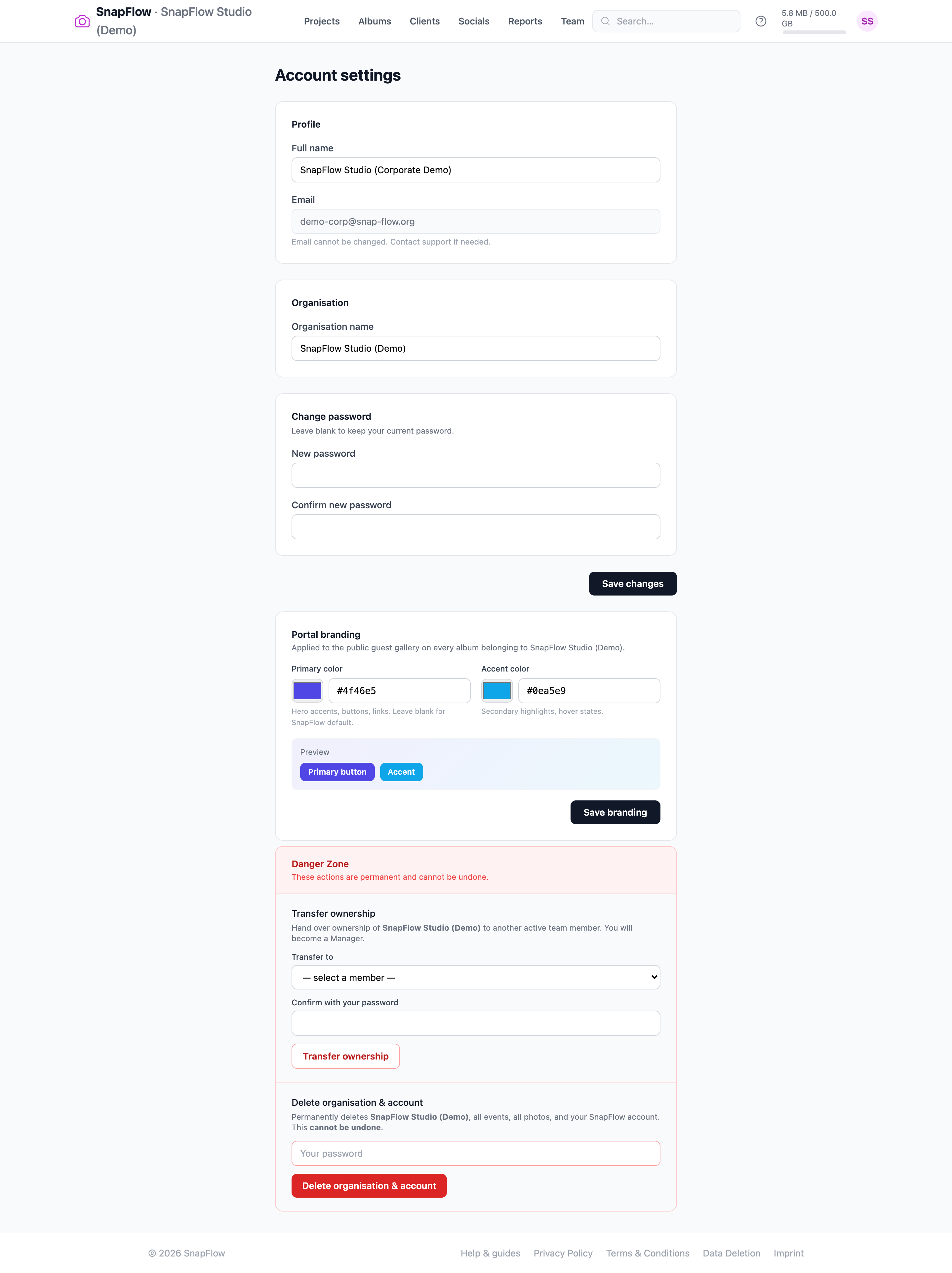 Org settings — branding, profile and danger zone