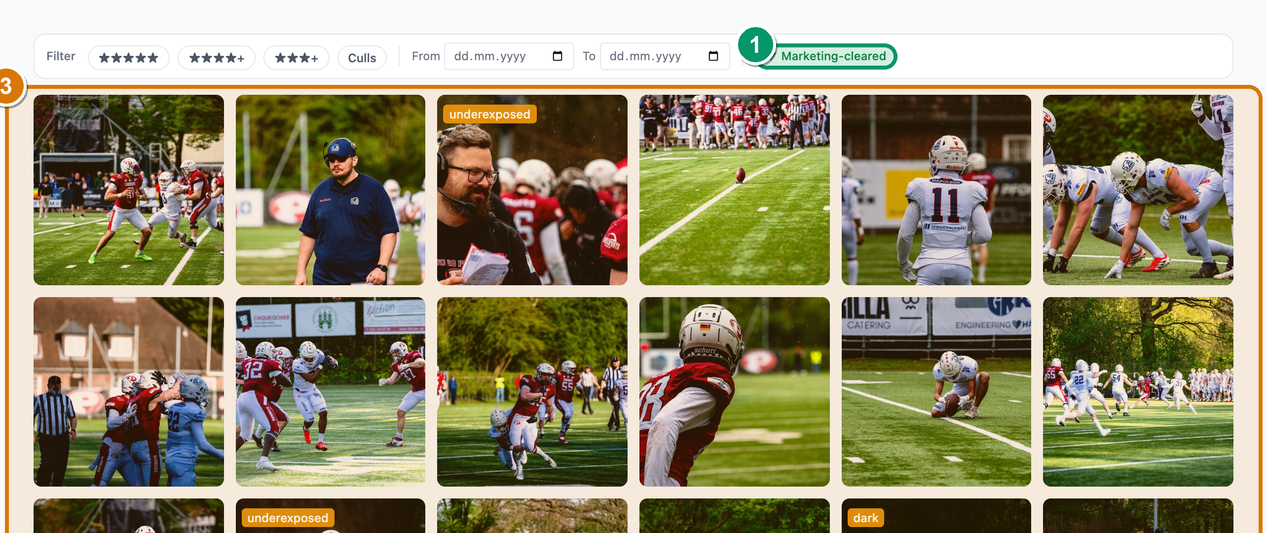 The Marketing-cleared filter chip on an album's photo grid, turned on and narrowing the grid