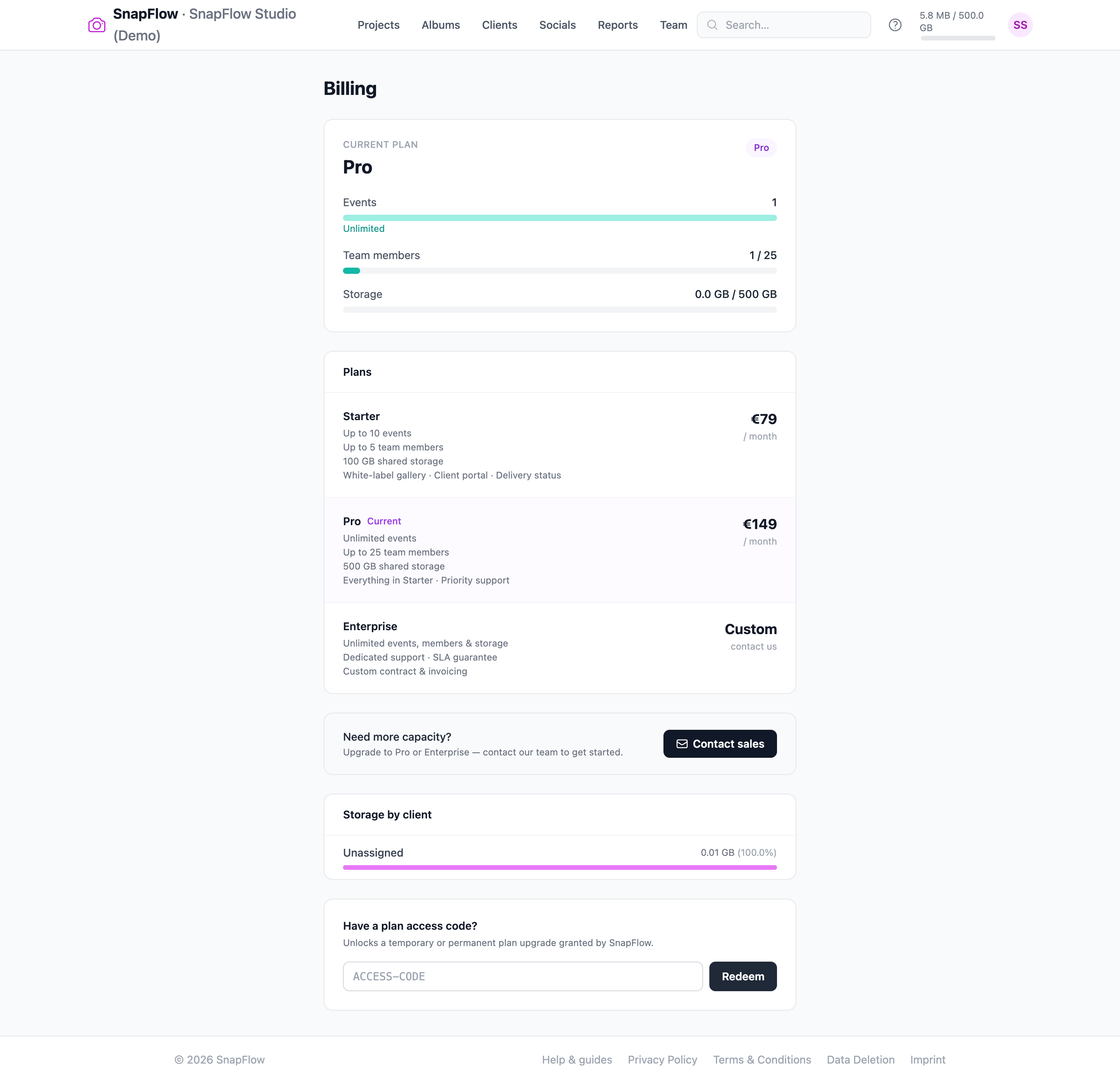 The org Billing page — plan and quotas