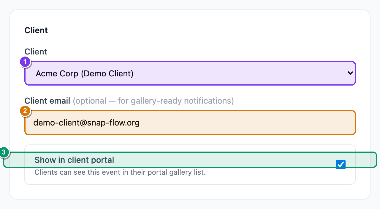 The event edit Client card with the client dropdown, the Client email field and the Show in client portal checkbox ticked